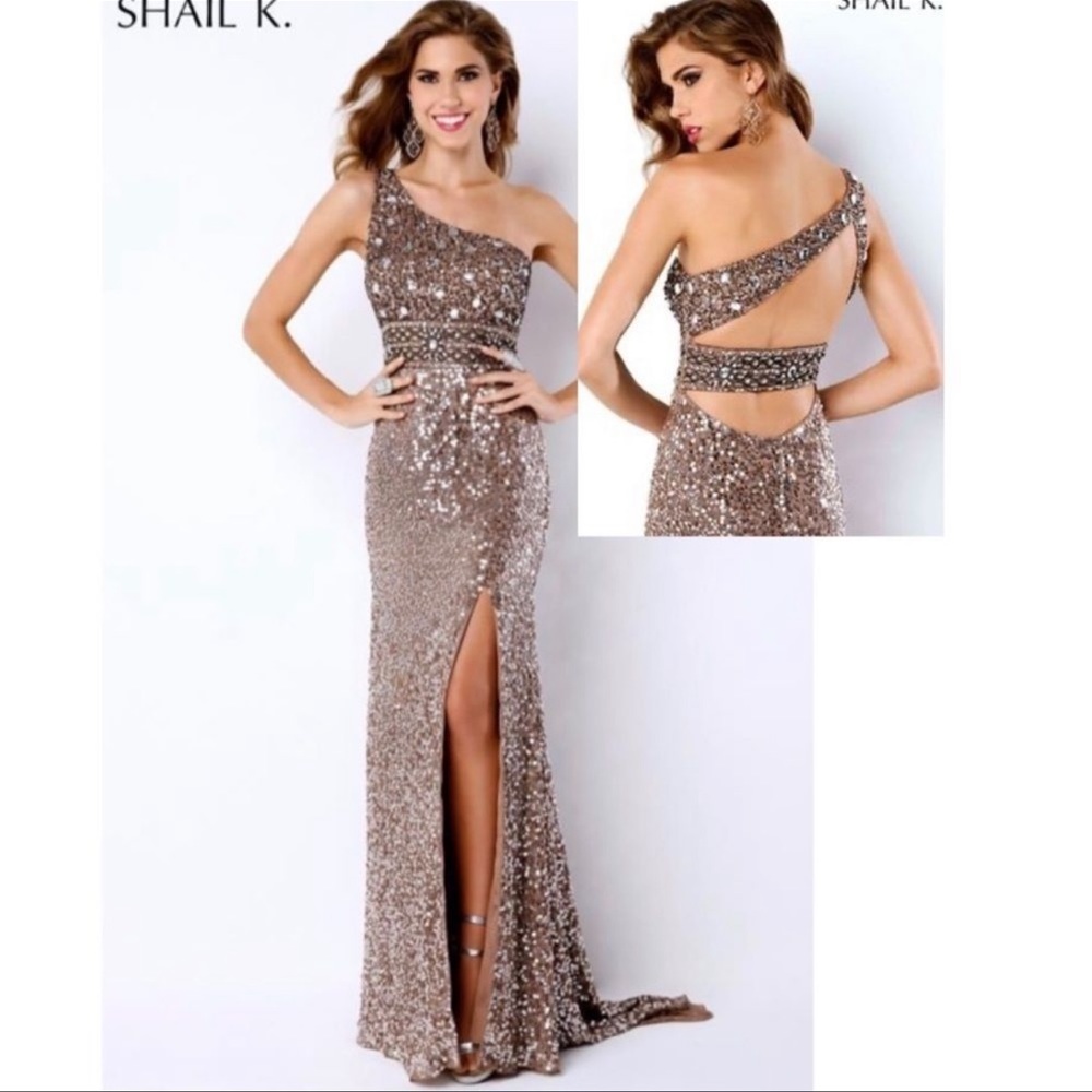 Shail K Bronze One-Shoulder Prom Grad Dress